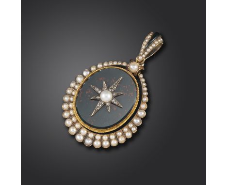 A late Victorian bloodstone and seed pearl locket pendant, the bloodstone applied with a diamond and pearl star within a bord