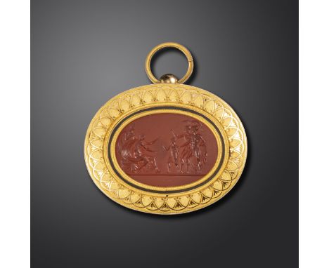 An early 19th century carnelian intaglio depicting Cupid disguised as Ascanius, presenting the gifts to Dido, with a Greek ps