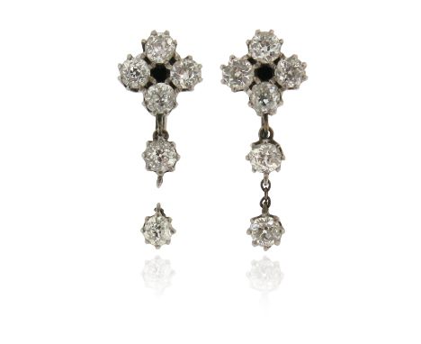 A pair of diamond drop earrings, each set with old cushion-shaped diamonds in white gold (one detached), screw fittings, 2.6c