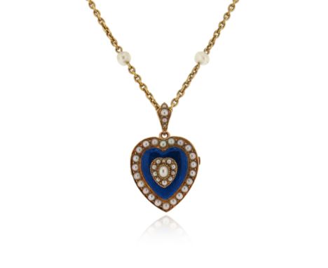 An Edwardian enamel and seed pearl gold heart pendant, brooch fitting to reverse, suspended on a gold oval-link chain set wit
