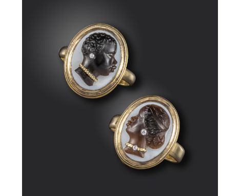 A pair of 18th century sardonyx cameo habillés depicting blackamoors, of 16th century type, depicting the profiles of a male 