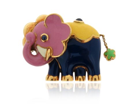 A gold and enamel elephant brooch, decorated with polychrome enamel and cabochon sapphires in yellow gold, with an articulate