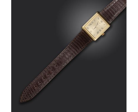 A gold Cellini wristwatch by Rolex, the signed rectangular dial with Roman numerals, Model no. 4103, case 27mm, on leather st