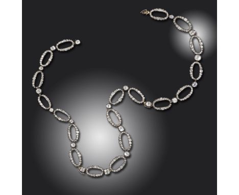 A 19th century diamond necklace, formed from alternating diamond-set oval links with scalloped edges and singular cushion, ov