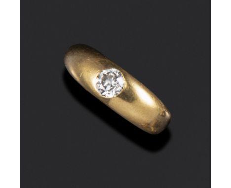 A diamond gypsy ring, set with an old cushion-shaped diamond in yellow gold, size X 1/2