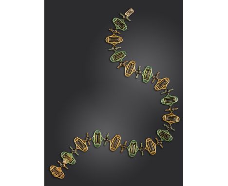 An unusual tourmaline and citrine-mounted gold necklace, the stylised oval links alternate with green enamel decoration centr