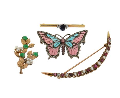 A small quantity of jewellery, including a silver butterfly brooch with enamel decoration; a ruby and cultured pearl-set gold