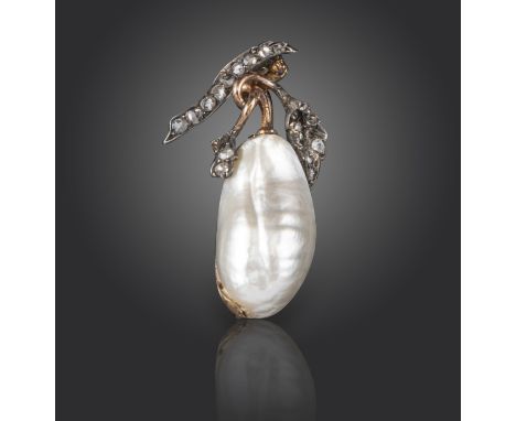 A Victorian blister pearl and diamond foliate brooch, the stylised blister pearl fruit suspends from diamond-set vines in sil