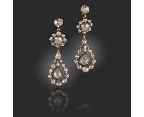 A pair of diamond drop earrings, probably Iberian 18th century, of three section and set overall with graduated rose-cut diam