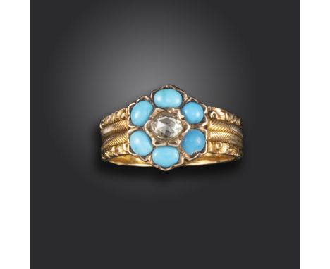 A George IV diamond and turquoise cluster ring, of flowerhead design, centred with a rose-cut diamond within a surround of tu