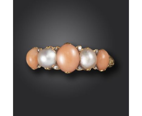 λ A Victorian coral and pearl half hoop ring, set with diamond pointers in yellow gold, size N 1/2