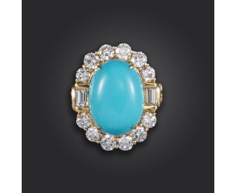 A turquoise and diamond cluster ring, the oval turquoise cabochon set within a surround of circular-cut and baguette-shaped d