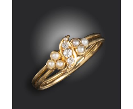 A Victorian seed pearl and diamond ring, the scroll centre section set with graduated old circular-cut diamonds, with a trefo