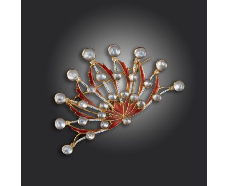 An enamel, moonstone and diamond brooch by Carlo Giuliano, c1885, of stylised peacock tail design, with red, blue and black e