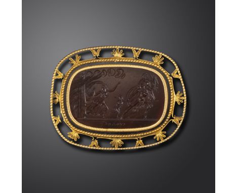 An early 19th century sardonyx intaglio depicting the family of Aeneas quitting Troy, Aeneas carrying Anchises and followed b