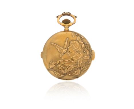 A yellow gold quarter repeating chronograph hunting-cased pocket watch, the hinged cover chased with an Art Nouveau scene of 