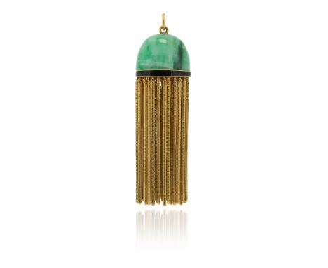 A French jade and gold tassel pendant, decorated with black enamel in yellow gold, French control marks, 7cm high