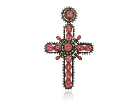 A 19th century Renaissance Revival cruciform pendant, set with foil-backed pink pastes and seed pearls in a silver-gilt mount