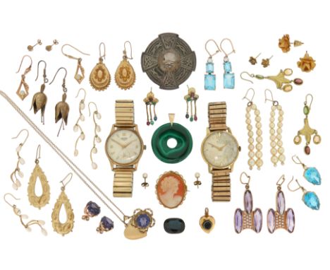 Various items of jewellery, including a steel and gold wristwatch by Longines; a gold wristwatch by Realm; a pair of gem-set 