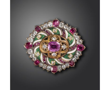 A Victorian Holbeinesque gem-set and enamel brooch, the cushion-shaped ruby set within quatrefoil gold and diamond surround a
