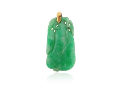 A carved jade pendant, the green jadeite in the form of a gourde, with yellow gold bale, 4.3cm high, 8.46g total