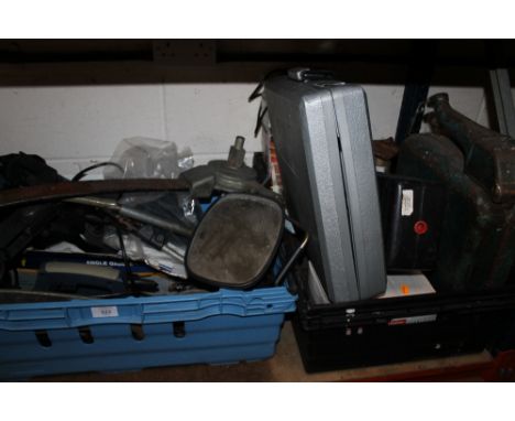 TWO TRAYS OF VARIOUS TOOLS TO INC ANGLE GRINDER, INSPECTION LAMP ETC, PLUS A TOWEL WARMING RACK