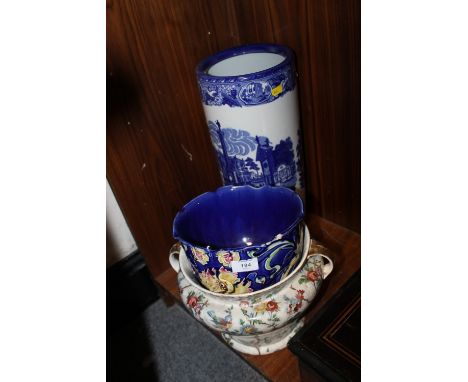 A CERAMIC BLUE AND WHITE STICK STAND TOGETHER WITH TWO JARDINIERES 