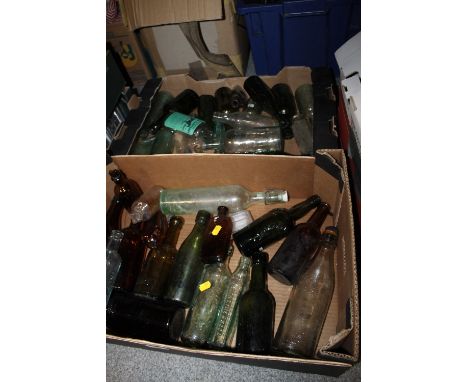 TWO TRAYS OF VINTAGE GLASS BOTTLES