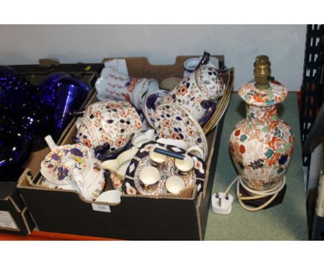 A TRAY OF GILDED FLORAL AND GAUDY WELSH CERAMICS TO INCLUDE EGG CUP SET, TEAPOTS, LAMP ETC.