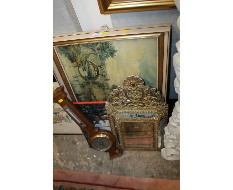 A VINTAGE PANELED GILT EDGE MIRROR, BAROMETER AND PRINTS ETC