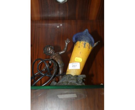 A CAST CHERUBIC LAMP WITH COLOURED GLASS SHADE 