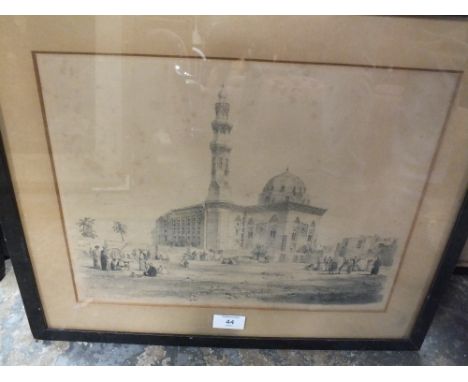 A FRAMED ENGRAVING BEHIND GLASS 'THE MOSQUE OF SOULTON HASSAN CAIRO' DRAWN BY O R CARTER FROM SKETCH BY C LAVER ENGRAVED BY J