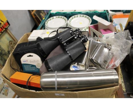 A BOX OF VINTAGE CAMERAS, BINOCULARS, TELESCOPE ETC