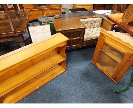 A TELEPHONE SEAT, TILE-TOP TABLE, PINE RACK & CORNER CABINET (4)