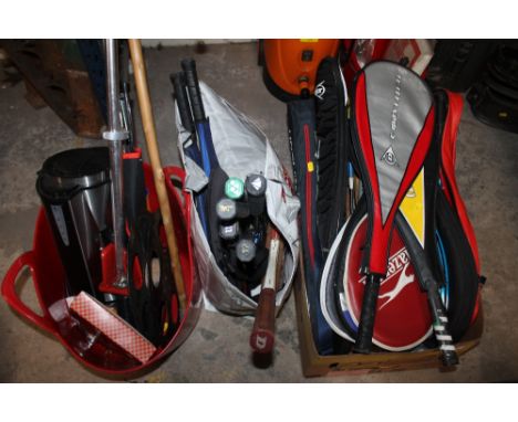 A LARGE QUANTITY OF RACKETS TO INC TENNIS, SQUASH, BADMINTON ETC TOGETHER WITH A BASKET TO INCLUDE POGO STICK, COFFEE MACHINE