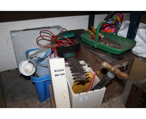 A QUANTITY OF TOOLS ETC TO INC A QUALCAST HEDGE TRIMMER, A SMALL FOLD UP TABLE ETC