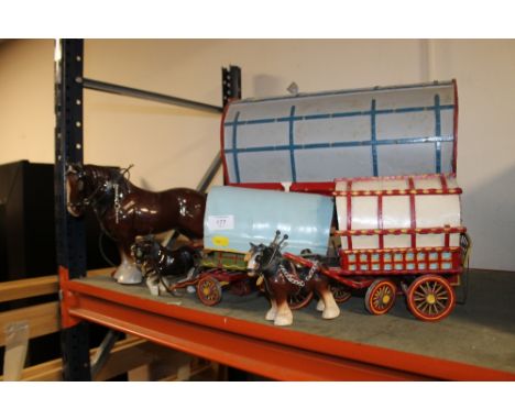 A LARGE CERAMIC HORSE AND CART FIGURE TOGETHER WITH TWO SMALLER EXAMPLES