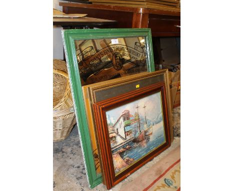 A FRAMED GRANT'S FINEST SCOTCH WHISKY ADVERTISING MIRROR TOGETHER WITH AN OIL ON CANVAS PLUS ANOTHER (3)