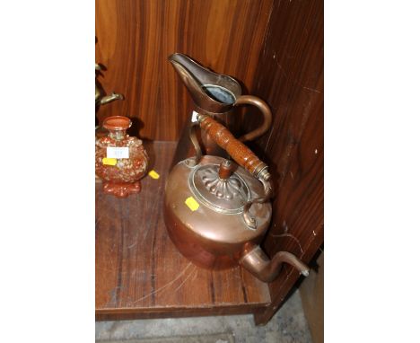 A VINTAGE COPPER KETTLE PLUS A COPPER JUG