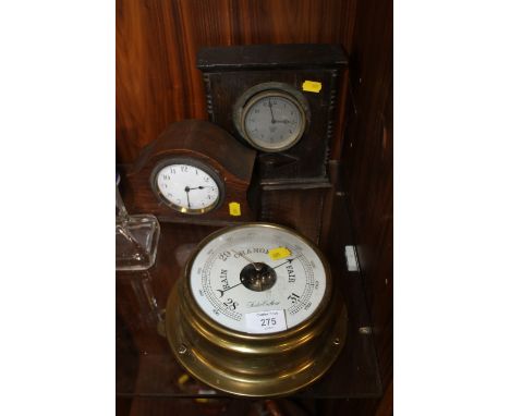 A SHIPS BULKHEAD BAROMETER PLUS TWO CLOCKS