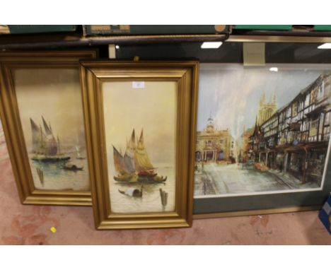 A PAIR OF GILT FRAMED WATERCOLOURS DEPICTING BOATS SIGNED PASQUALE TOGETHER WITH A LARGE PRINT 