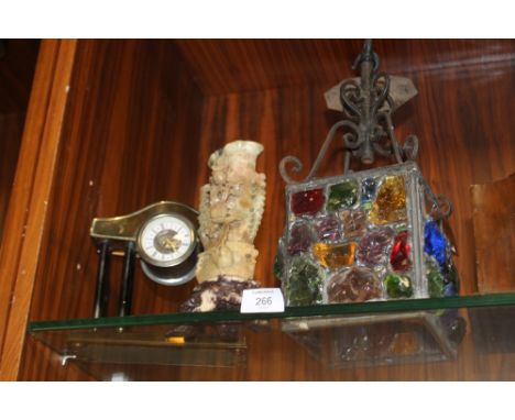A COLOURFUL GLASS SHARD LIGHT SHADE, SOAPSTONE POSY HOLDER PLUS A SMALL MANTLE CLOCK