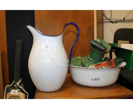 A GALVANIZED G.W.R JUG AND BOWL SET TOGETHER WITH OTHER ASSOCIATED EPHEMERA ETC. TO INC A WAITING ROOM GAS LAMP SHADE