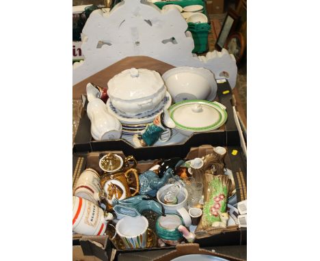 TWO TRAYS OF CERAMICS TO INCLUDE POOLE FIGURES, WADE DECANTERS, ETC