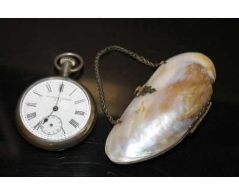 A WATERBURY POCKET WATCH TOGETHER WITH A VINTAGE MOTHER OF PEARL COIN PURSE