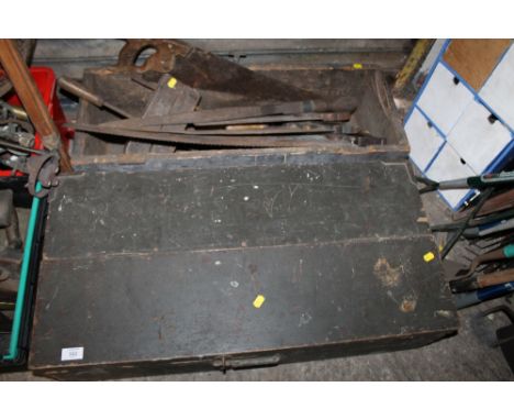 A WOODEN TOOL CHEST PLUS ANOTHER BOX CONTAINING TOOLS