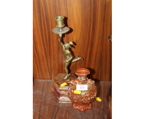 A BRASS CANDLESTICK ON ONYX BASE IN THE SHAPE OF HERMES PLUS A SMALL VASE