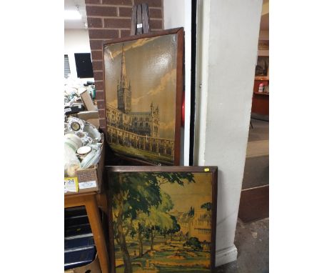 A VINTAGE WOODEN EASEL TOGETHER WITH TWO RAILWAY WAITING ROOM PICTURES 