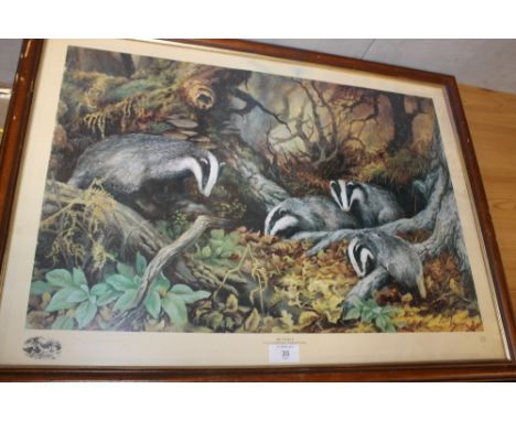 A LTD EDITION PRINT OF BADGERS ENTITLED 'THE FAMILY' BY ELIZABETH HALSTEAD