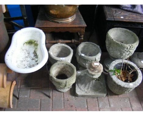 Selection of garden pots, enamel birdbath on stand 